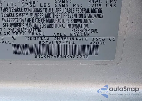 2017 Nissan Versa 1.6 Sv from USA, damaged, VIN 3N1CN7AP3HK427702